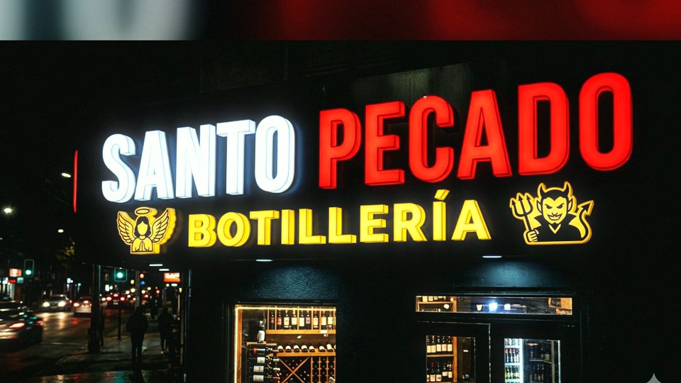 Letrero de Santo Pecado Botillería encendido de noche
